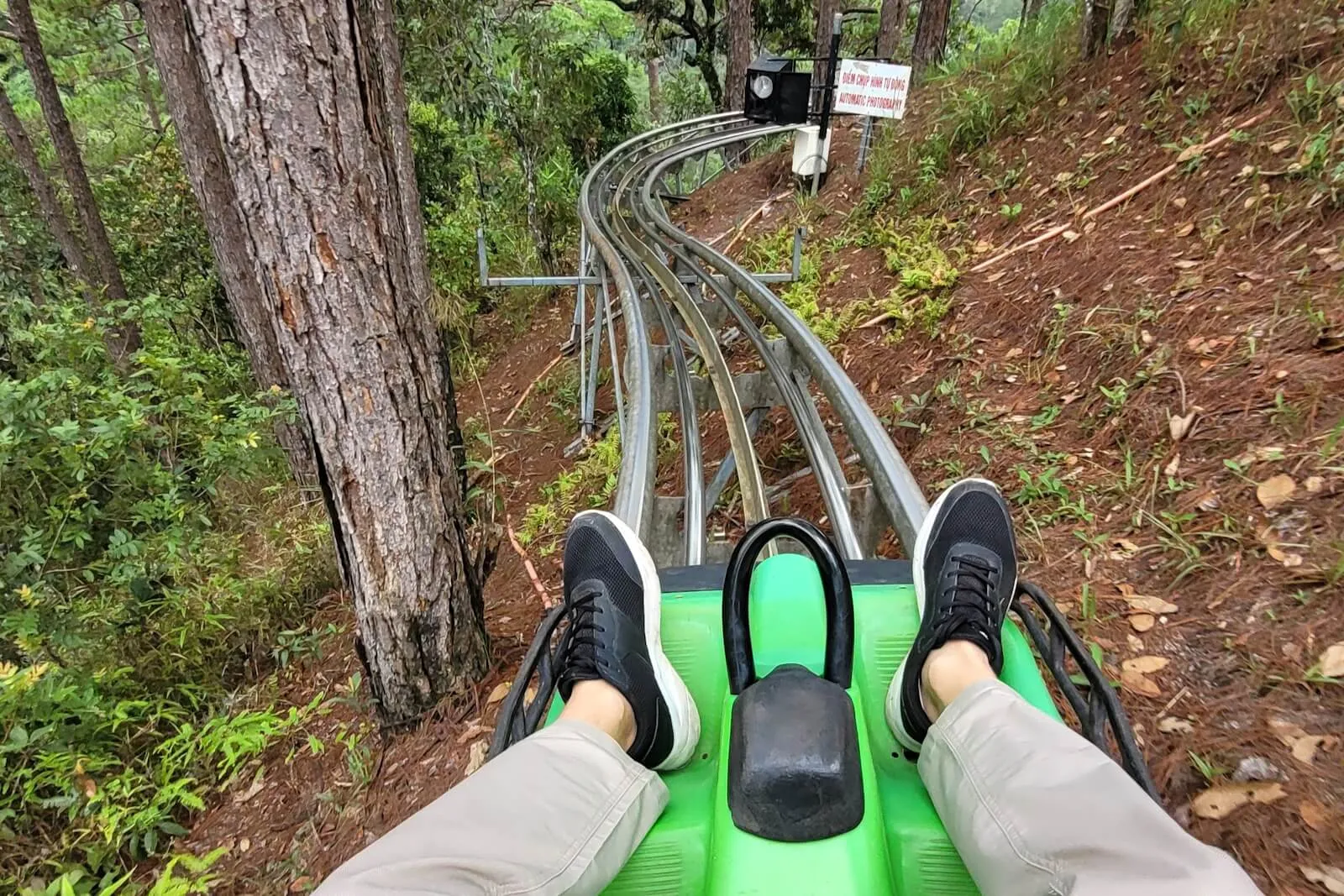 Rider's view from a green alpine coaster sled at Datanla, feet either side of the brake lever, the steel track curving down through pine forest
