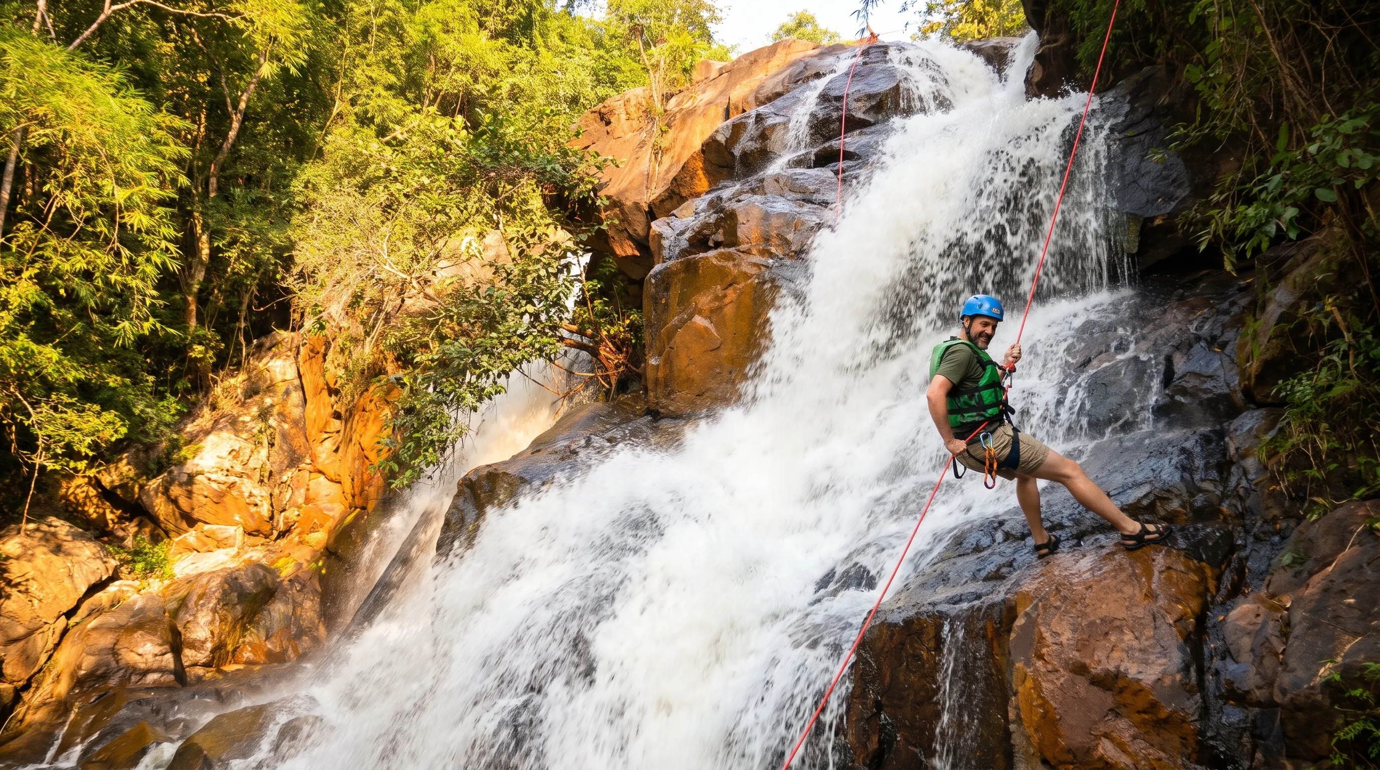 A smiling man in a blue helmet and green life jacket abseiling down a rushing tier of Datanla Waterfall on a red rope