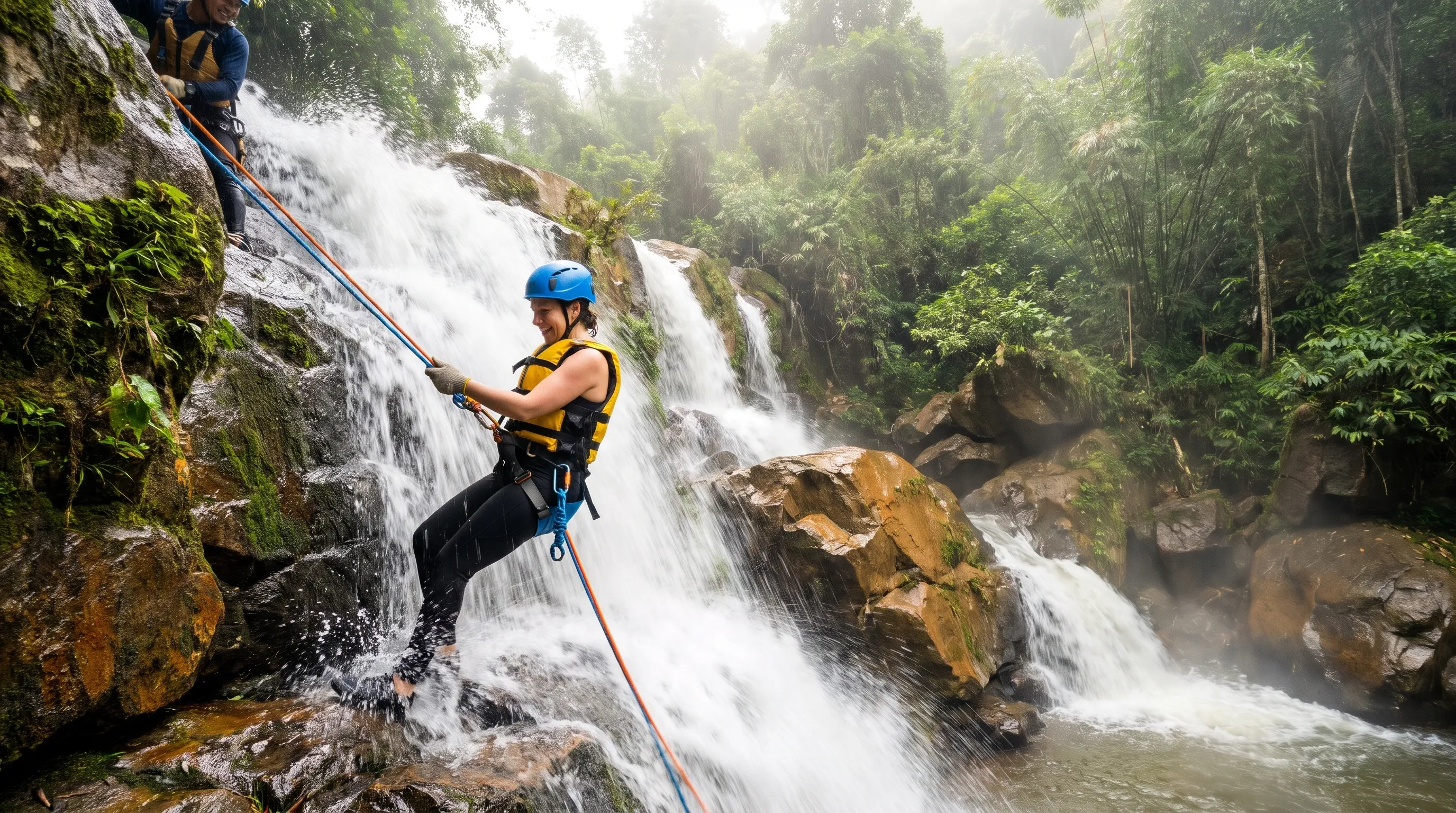 A woman in a helmet and life jacket abseiling down a waterfall at Datanla while a guide holds the rope from the rocks above