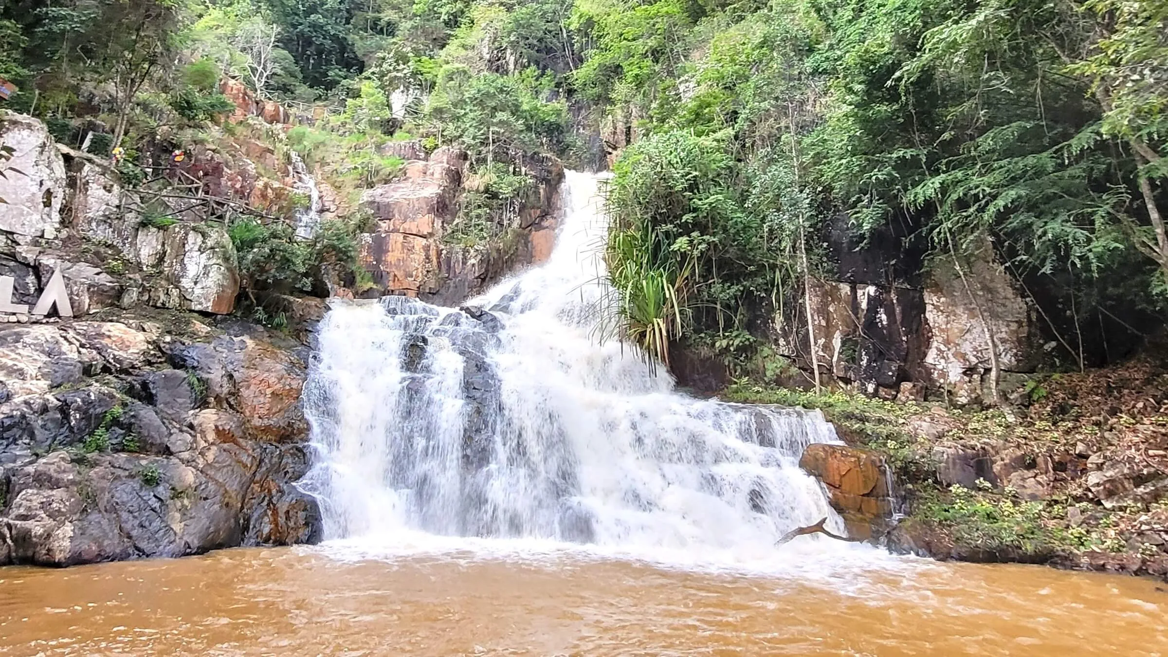 Datanla Waterfall 1 seen from the front, white water falling over rocks into a brown pool, forest all around