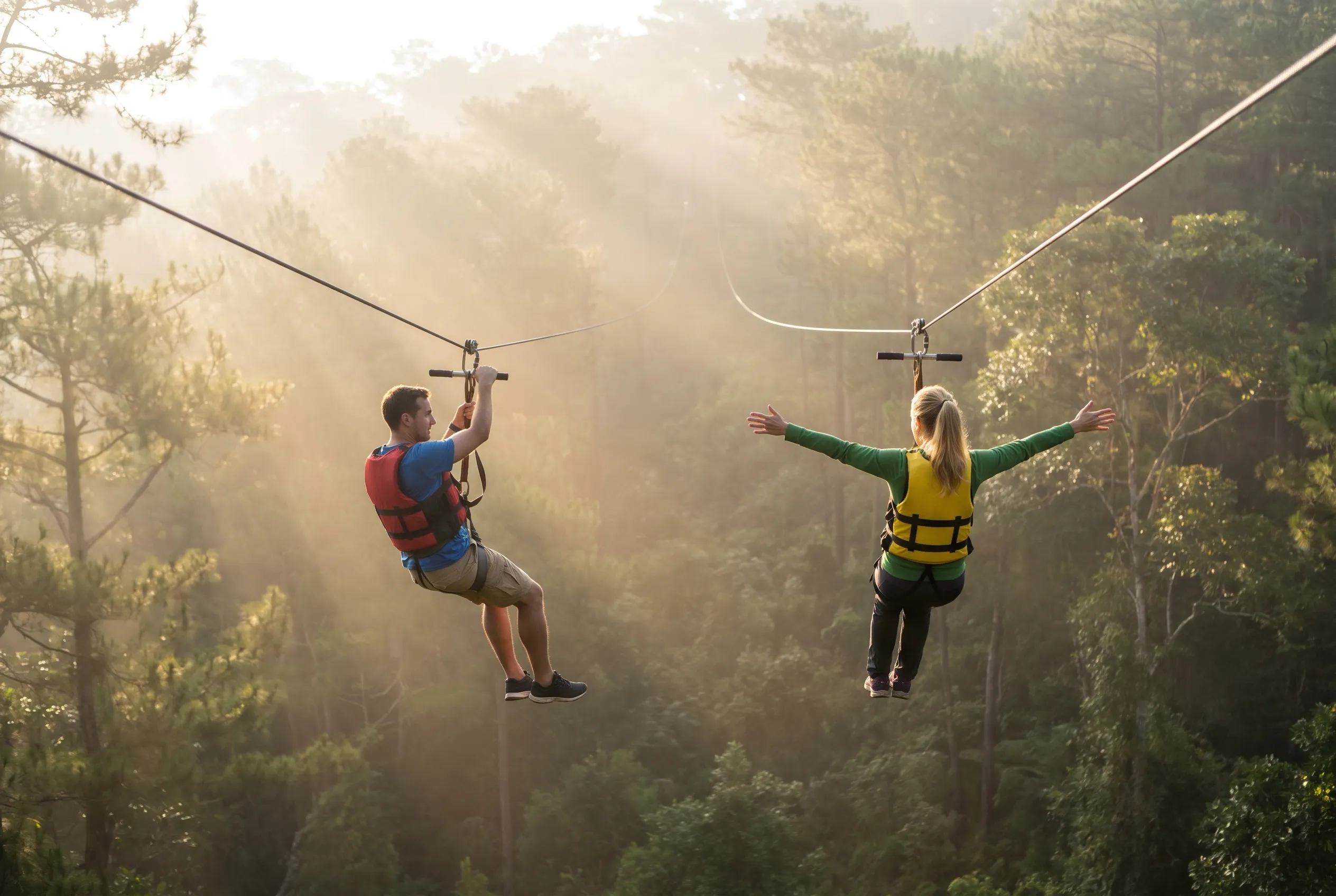 A rider in a harness on the Datanla zipline, gliding along the cable above the pine forest